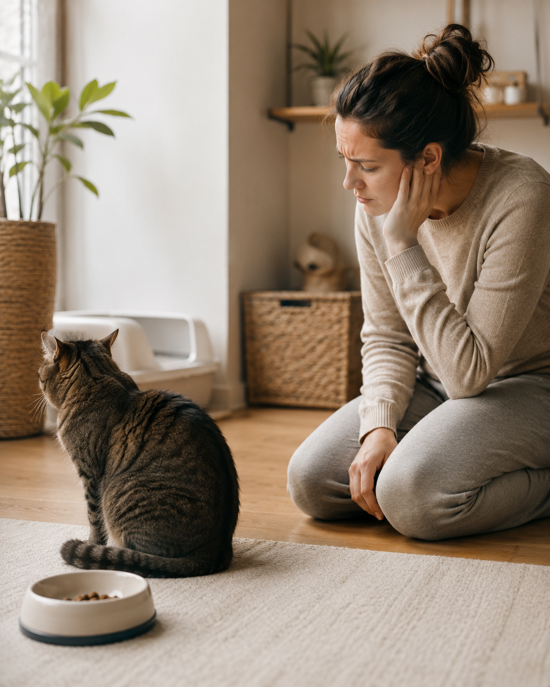 Tutora preocupada junto a su gato con plato de comida