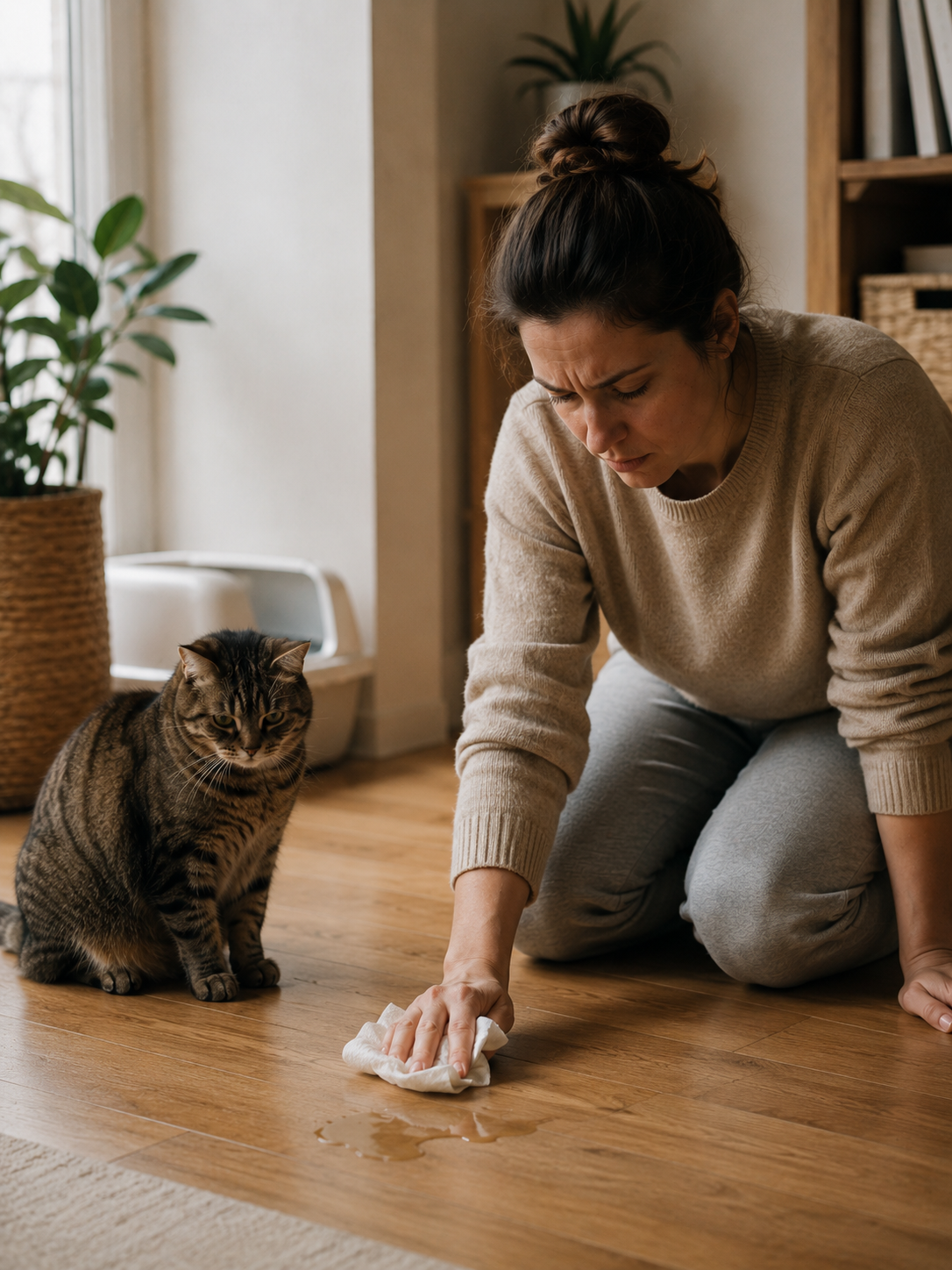 Tutora limpiando pis del piso, gato observando